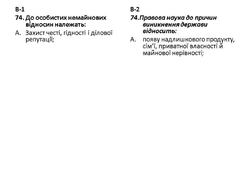 В-1 74. До особистих немайнових відносин належать: Захист честі, гідності і ділової репутації; 